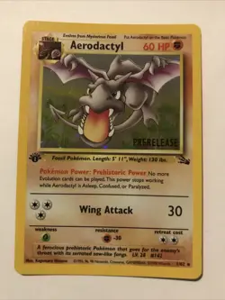 1st Edition Aerodactyl 1/62 PRERELEASE Brown Stamp Fossil Holo 1999 Pokemon Card - Image 1