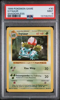1999 POKEMON GAME SHADOWLESS #30 IVYSAUR PSA 9 - Image 1