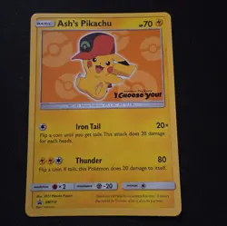 Pokemon Ash's Pikachu SM110 Sm Promo Regular 70HP Iron Tail Thunder 2017 TCG - Image 1