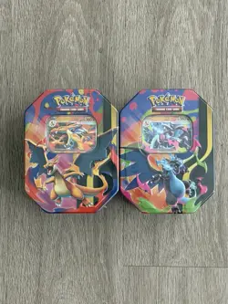 Pokemon TCG Mega Charizard X & Y Tins Art Set Of BOTH TINS - Brand New & Sealed! - Image 1