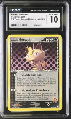 CGC 10 GEM MINT Rocket's Meowth 2004 EX Team Rocket Returns 46/109 Pokemon Card - Image 1