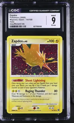 CGC 9 MINT Zapdos 2008 Majestic Dawn 14/100 Holo Holo Bleed Pokemon Card - Image 1