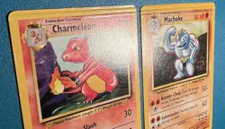 Long Crimp Error Charmeleon & Machoke Base Set Pokemon 1999 Hanger MP - Image 1