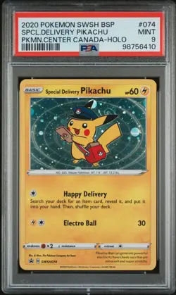 Pokemon Center 2020 Special Delivery Pikachu SWSH074 Holo Black Star Promo PSA 9 - Image 1