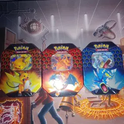 Pokemon Sun & Moon: Hidden Fates Tin 3x Art Set Sealed Charizard Gyarados Raichu - Image 2