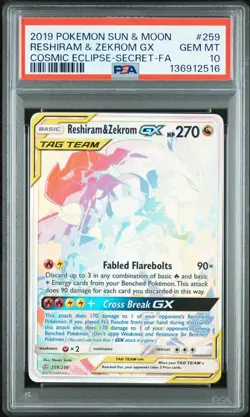 2019 POKEMON SUN & MOON COSMIC ECLIPSE #259 FULL ART/RESHIRAM & ZEKROM GX PSA 10 - Image 1
