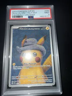 2023 POKEMON SVP BLACK STAR PROMO PIKACHU VAN GOGH GREY FELT HAT #085 PSA 9! - Image 1
