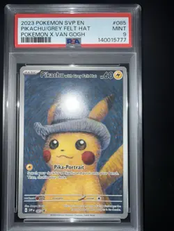 2023 POKEMON SVP BLACK STAR PROMO PIKACHU VAN GOGH GREY FELT HAT #085 PSA 9! - Image 2