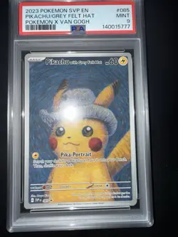 2023 POKEMON SVP BLACK STAR PROMO PIKACHU VAN GOGH GREY FELT HAT #085 PSA 9! - Image 3