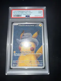2023 POKEMON SVP BLACK STAR PROMO PIKACHU VAN GOGH GREY FELT HAT #085 PSA 9! - Image 5