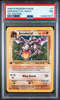 1999 POKEMON FOSSIL 1ST ED #1 AERODACTYL-HOLO PSA 7 - Image 1