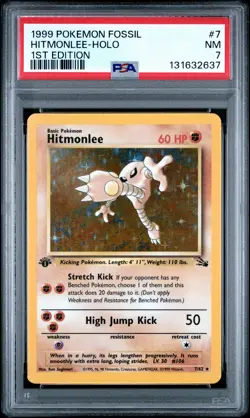 1999 POKEMON FOSSIL 1ST ED #7 HITMONLEE-HOLO PSA 7 - Image 1