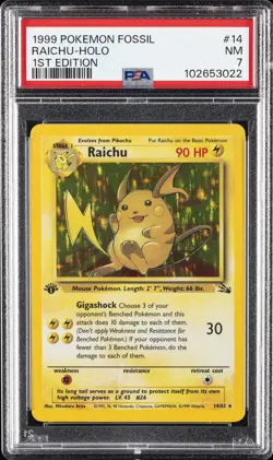 1999 POKEMON FOSSIL 1ST ED #14 RAICHU-HOLO PSA 7 - Image 1