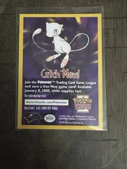SQUARE CORNER Catch Mew 1999 Mew PROMO Insert WOTC Pokemon League Cards - Image 1