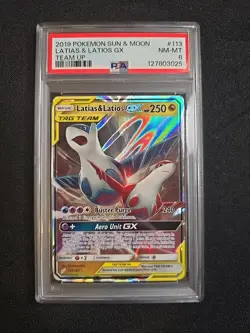 2019 POKEMON SUN & MOON TEAM UP #113 LATIAS & LATIOS GX PSA 8 - Image 1