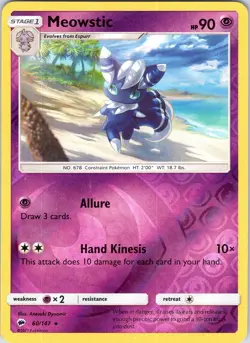 Pokemon TCG Meowstic S&M Burning Shadows 60/147 Reverse Holo Rare Card Played LP - Image 1