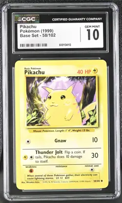 CGC 10 GEM MINT Pikachu 1999 Base Set 58/102 Pokemon Card - Image 1