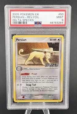 PSA 9 Mint 2005 Pokemon EX Delta Species #50 Persian Reverse Holo Foil - Image 1