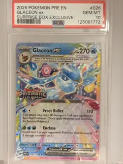 2025 Pokemon Prismatic Evolutions Glaceon EX #026 Surprise Box Stamped PSA 10 - Image 1