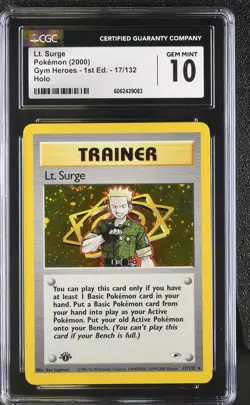 CGC 10 GEM MINT Lt. Surge Gym Heroes 1st Edition 17/132 Holo Pokemon Card - Image 1