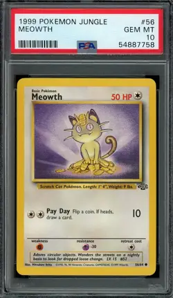 Meowth Pokemon 1999 Jungle Unlimited Common 56/64 WOTC PSA 10 GEM MT - Image 1