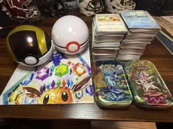 Pokemon Lot!! 2 Empty PokeBalls, Poster, 2 Empty Eevee Tins And Over 500 Cards - Image 2