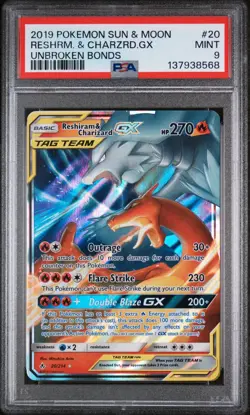 2019 POKEMON SUN & MOON UNBROKEN BONDS #20 RESHIRAM & CHARIZARD GX PSA 9 - Image 1