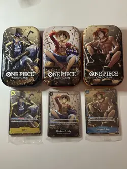 One Piece CCG Tin Promo Cards Set Sealed Luffy, Ace, And Sabo With Opened Tins - Image 1