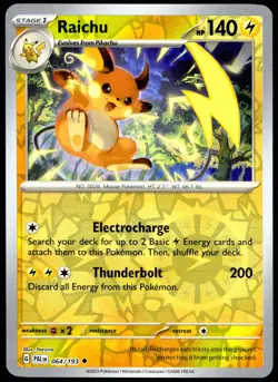 Pokemon TCG Raichu 064/193 2023 Paldea Evolved Reverse Holo Uncommon Card - LP - Image 1