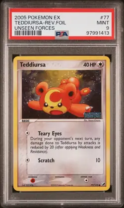 PSA 9 Teddiursa Reverse Holo - 77/115 EX Unseen Forces Stamped Pokemon Card 2005 - Image 1