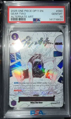 2025 ONE PIECE OP11-A FIST OF DIVINE SPEED #080 GEAR TWO ALTERNATE ART PSA 10 - Image 5