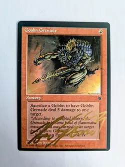 MTG FALLEN EMPIRES MISCUT Goblin Grenade SIGNED IN GOLD BY RON SPENCER - Image 1