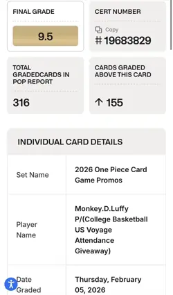 2026 One Piece Monkey D. Luffy College Basketball US VOYAGE Promo Card BGS 9.5 - Image 3