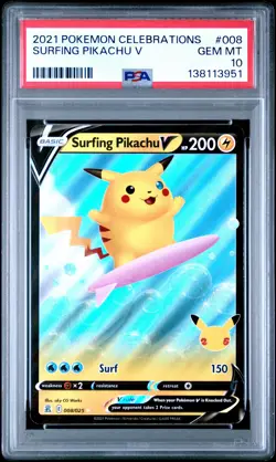 2021 Pokemon Celebrations #008 Surfing Pikachu V PSA10 - Image 1