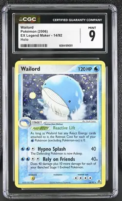 CGC 9 MINT Wailord 14/92 Holo 2006 Pokemon EX Legend Maker Low Pop - Image 1
