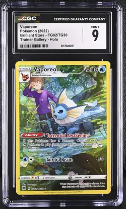 CGC 9 Vaporeon 2022 Brilliant Stars TG02/TG30 Trainer Gallery Holo Pokemon Card - Image 1