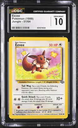 CGC 10 GEM MINT Eevee 1999 Jungle 51/64 Pokemon Card - Image 1