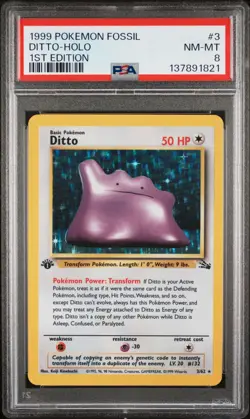 1999 POKEMON FOSSIL 1ST EDITION #3 DITTO-HOLO PSA 8 - Image 1