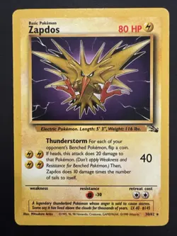 NM Zapdos 30/62 Fossil Unlimited Non Holo Rare 1999 Vintage Pokemon TCG Card LP - Image 1