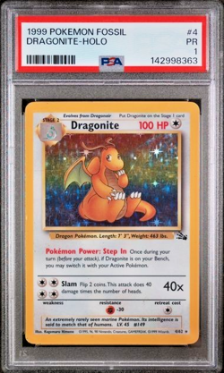 PSA 1 PR 1999 Pokemon Fossil Dragonite Holo 4/62 Holo Foil WOTC Unlimited - Image 1