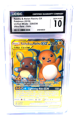2019 POKEMON GEM MINT RAICHU & ALOLAN GX # 220/236 HOLO GRADE 10 AWESOME ! - Image 1