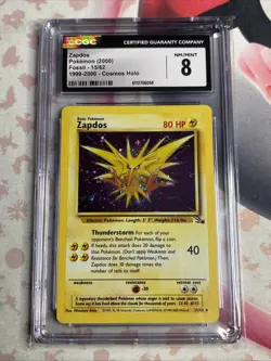 CGC 8 Zapdos 1999-2000 Cosmos Holo Fossil 15/62 Graded Pokemon Card - Image 1