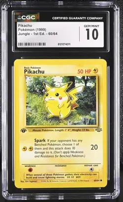 CGC 10 GEM MINT Pikachu 1999 Jungle 1st Edition 60/64 Pokemon Card - Image 1