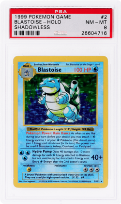 1999 Pokemon Base Set Blastoise Holo Shadowless #2 PSA 8 - Image 1