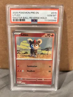 Litleo Prismatic Evolutions Master Ball Reverse Holo Pokemon TCG PSA 10 015/131 - Image 1