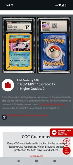 (TOP POP 17) CGC 10 GEM MINT Mantine Skyridge Pokemon 2003 Card 77/144 - Image 4