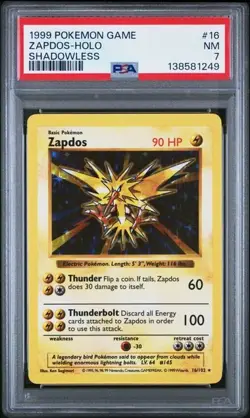1999 POKEMON BASE SET SHADOWLESS #16 Zapdos-HOLO PSA 7 NM - Image 1