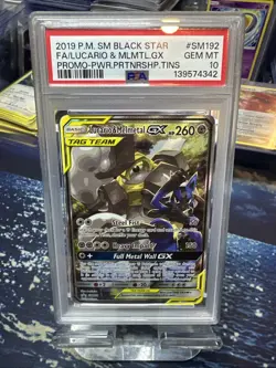 2019 Pokemon SM Black Star Promo SM192 Lucario & Melmetal Gx FA PSA 10 - Image 1
