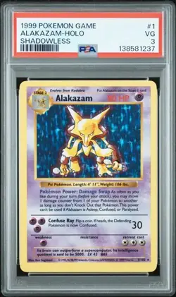 1999 Pokemon Alakazam Shadowless #1 Base Set Holo Game PSA 3 VG - Image 1