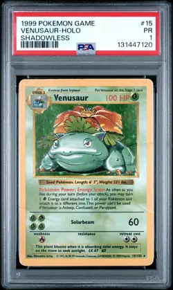 1999 POKEMON BASE SET SHADOWLESS #15 VENUSAUR-HOLO PSA 1 - Image 1